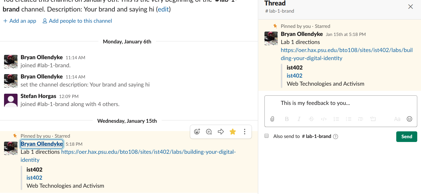 Shows the UI in slack which has the thread button and what that pops open to look like.